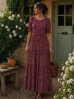 Floral‎ Blooming Burgundy Micro Dot Tiered Maxi Dress S